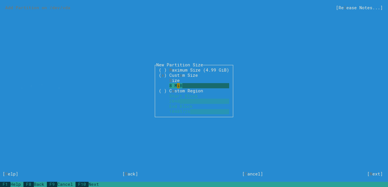 Partition size screen (Boot)